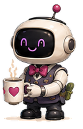 A small friendly robot holding a mug of coffee